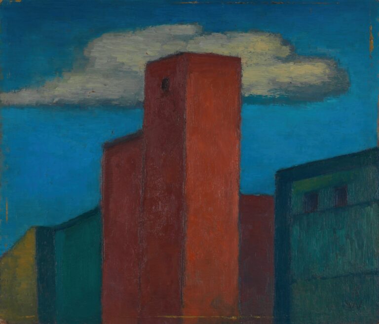 Expressionist painting of block-like houses in mustard yellow, teal, maroon, and dark green, with a tall red central tower set against a deep blue sky and a single pale cloud.