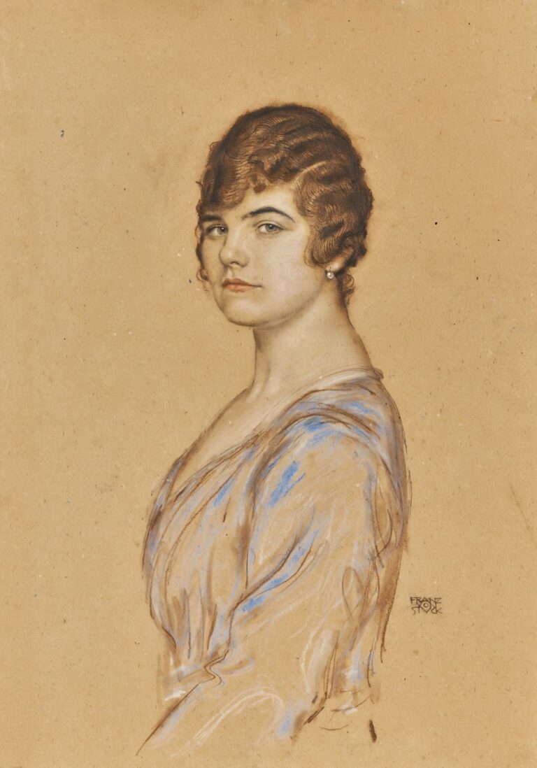 Pastel and charcoal drawing of a young woman in a loose blue dress, turned slightly toward the viewer, with soft modeling of her face and minimal background on buff paper.
