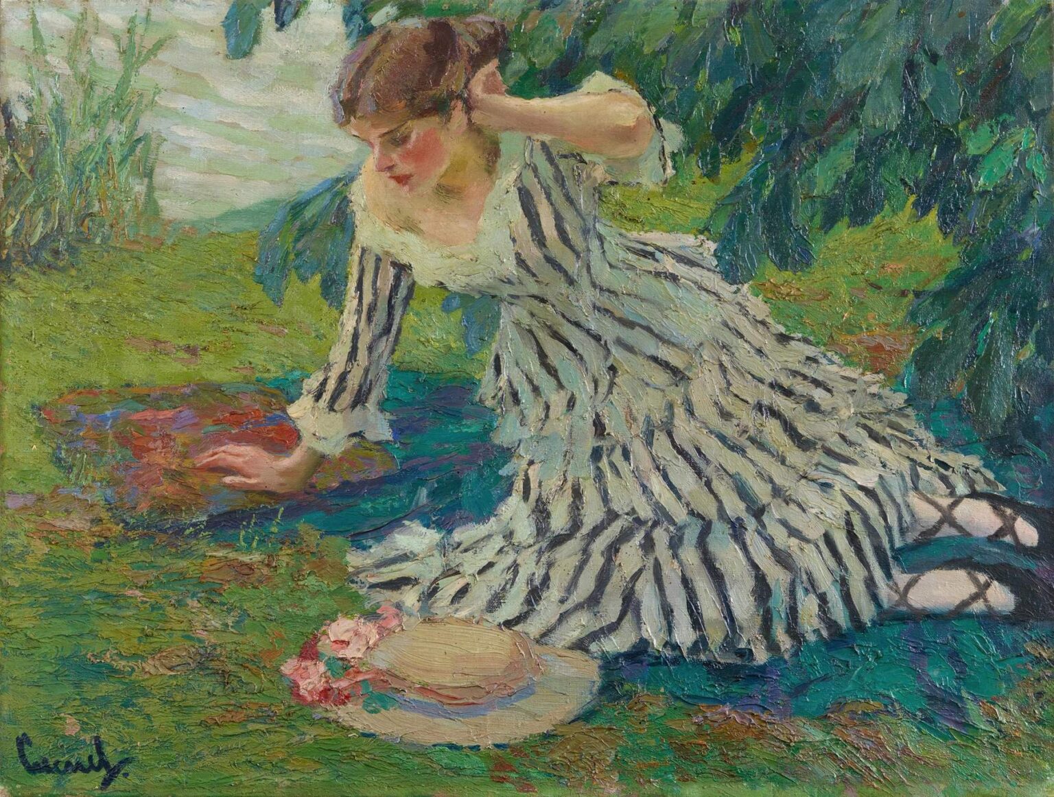 Impressionist oil painting of a woman in a striped dress reclining on grass under leafy branches, her hat and shoes set aside as sunlight dapple the scene.