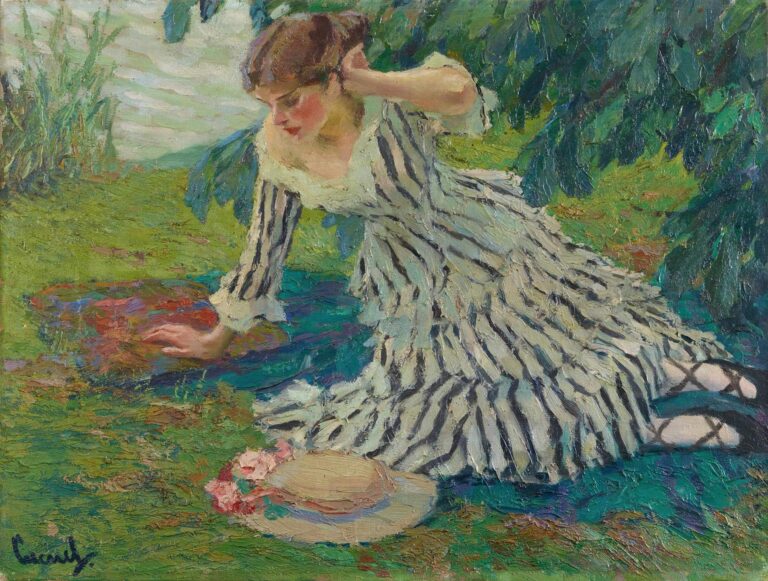 Impressionist oil painting of a woman in a striped dress reclining on grass under leafy branches, her hat and shoes set aside as sunlight dapple the scene.