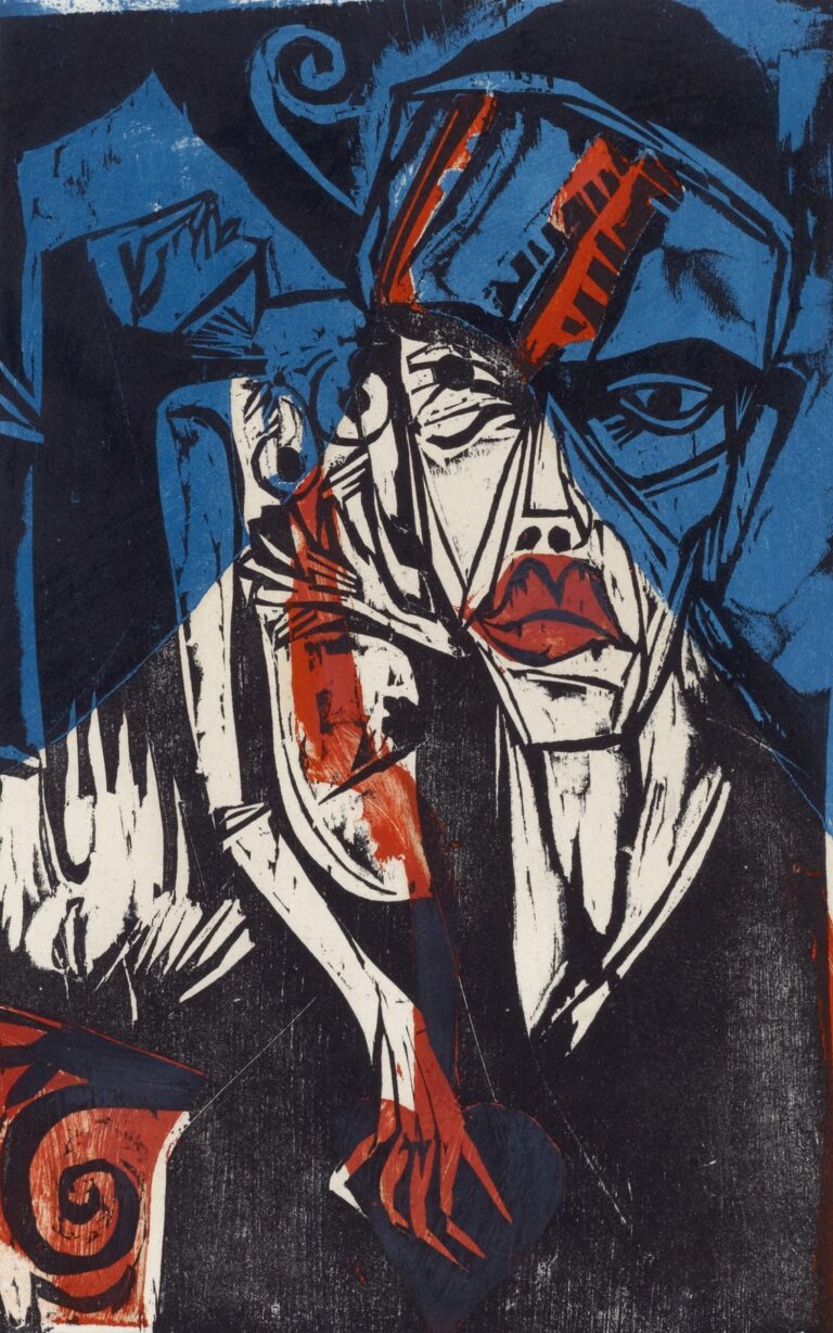 Expressionist multi-color woodcut depicting two angular figures locked in a tense, combat-like embrace, with bold black outlines, crimson accents, and blue background shapes conveying turmoil and passion.