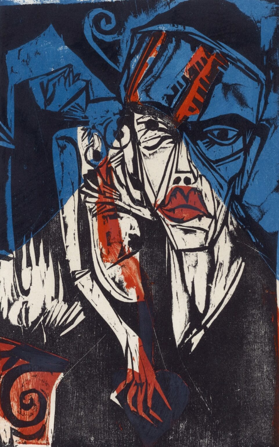 Expressionist multi-color woodcut depicting two angular figures locked in a tense, combat-like embrace, with bold black outlines, crimson accents, and blue background shapes conveying turmoil and passion.