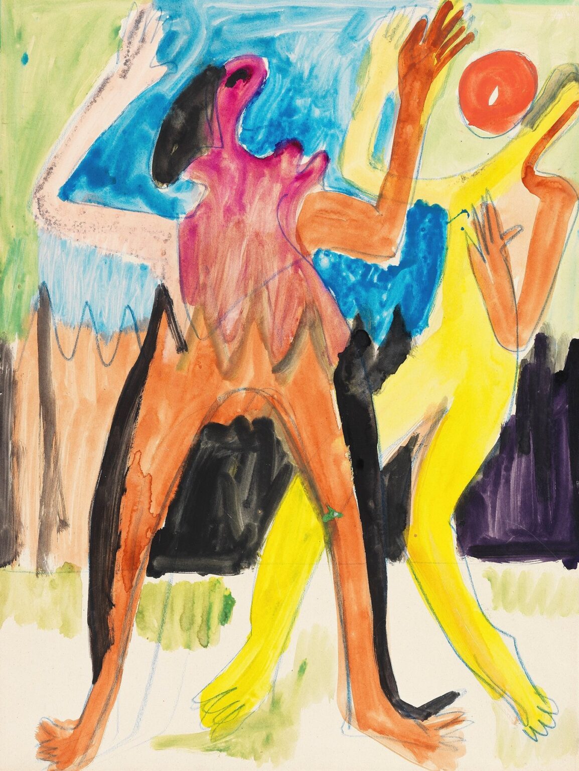 Expressionist painting by Ernst Ludwig Kirchner depicting two abstracted figures—one in bright orange, the other in vivid yellow—intertwined mid-play as they toss a red ball, set against loose washes of green and blue.