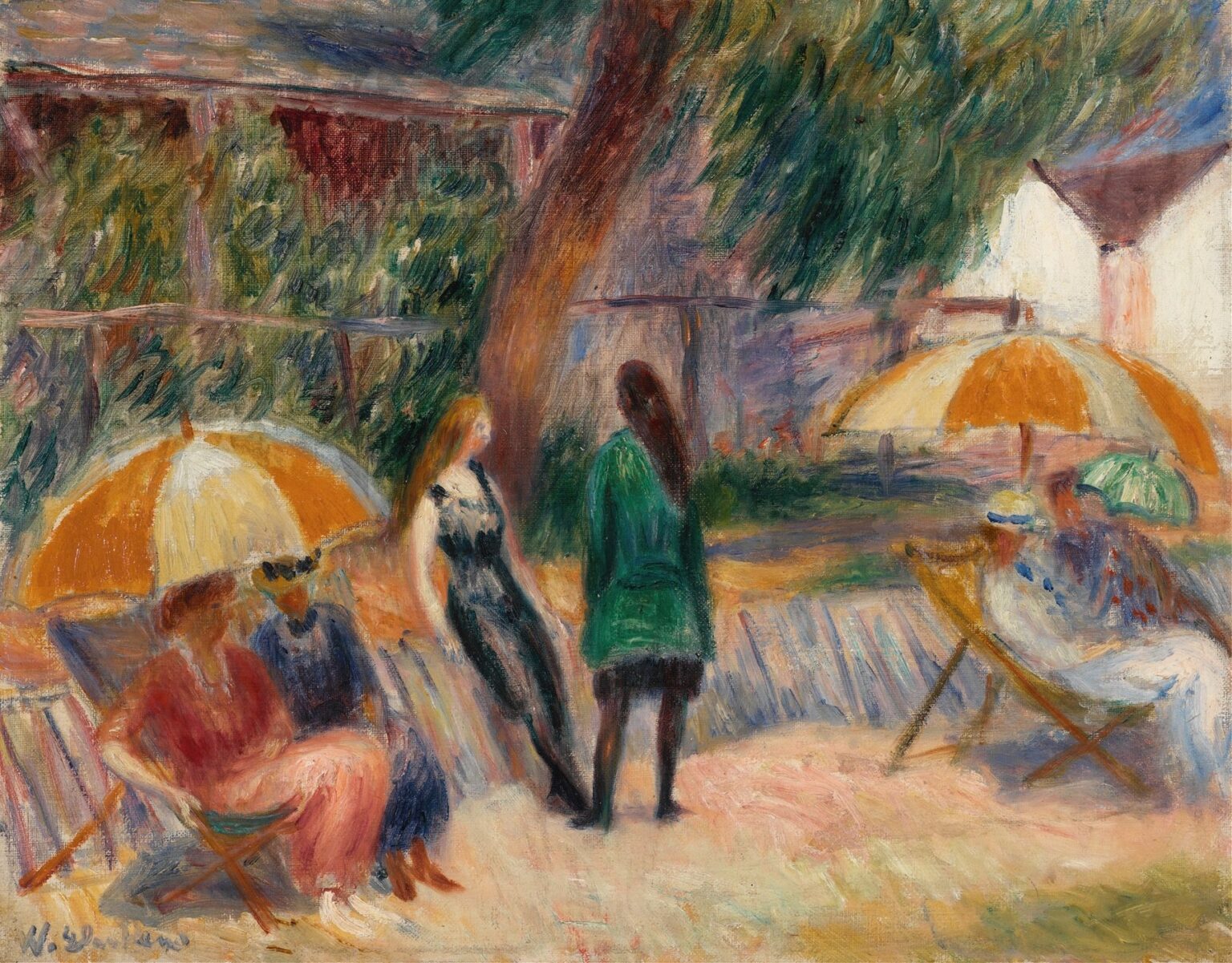Impressionist oil painting of a sandy beach scene with three umbrellas and five figures, including two seated women conversing under an orange-and-white striped umbrella on the left, two standing figures in the center, and a reclined figure on the right, all rendered in loose, luminous brushwork by William James Glackens, 1915.