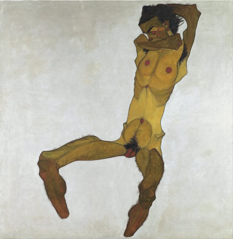 A nude male figure sits on an undefined surface, one knee drawn to his chest and the other leg bent outward; his slender, angular body is outlined in dark line and rendered in ochre and muted green washes against a flat pale background, head bowed and arms wrapped tightly around the raised knee.