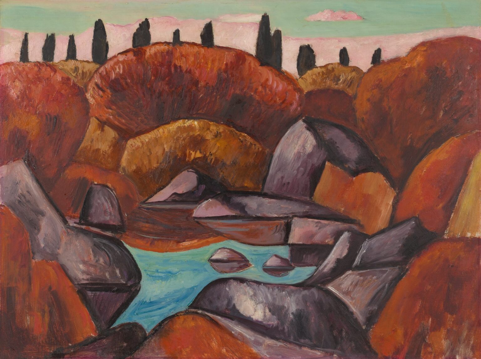 Oil painting depicting a turquoise pool surrounded by fiery orange and red boulders, with dark vertical trees on the horizon and a pastel pink and green sky above.