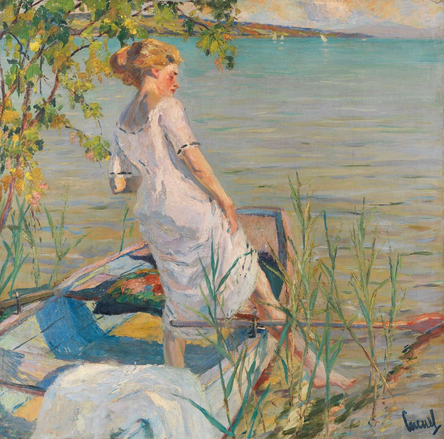 Woman in a white dress stepping from a small boat into shallow lake water, under leafy overhang and pastel sunrise sky.