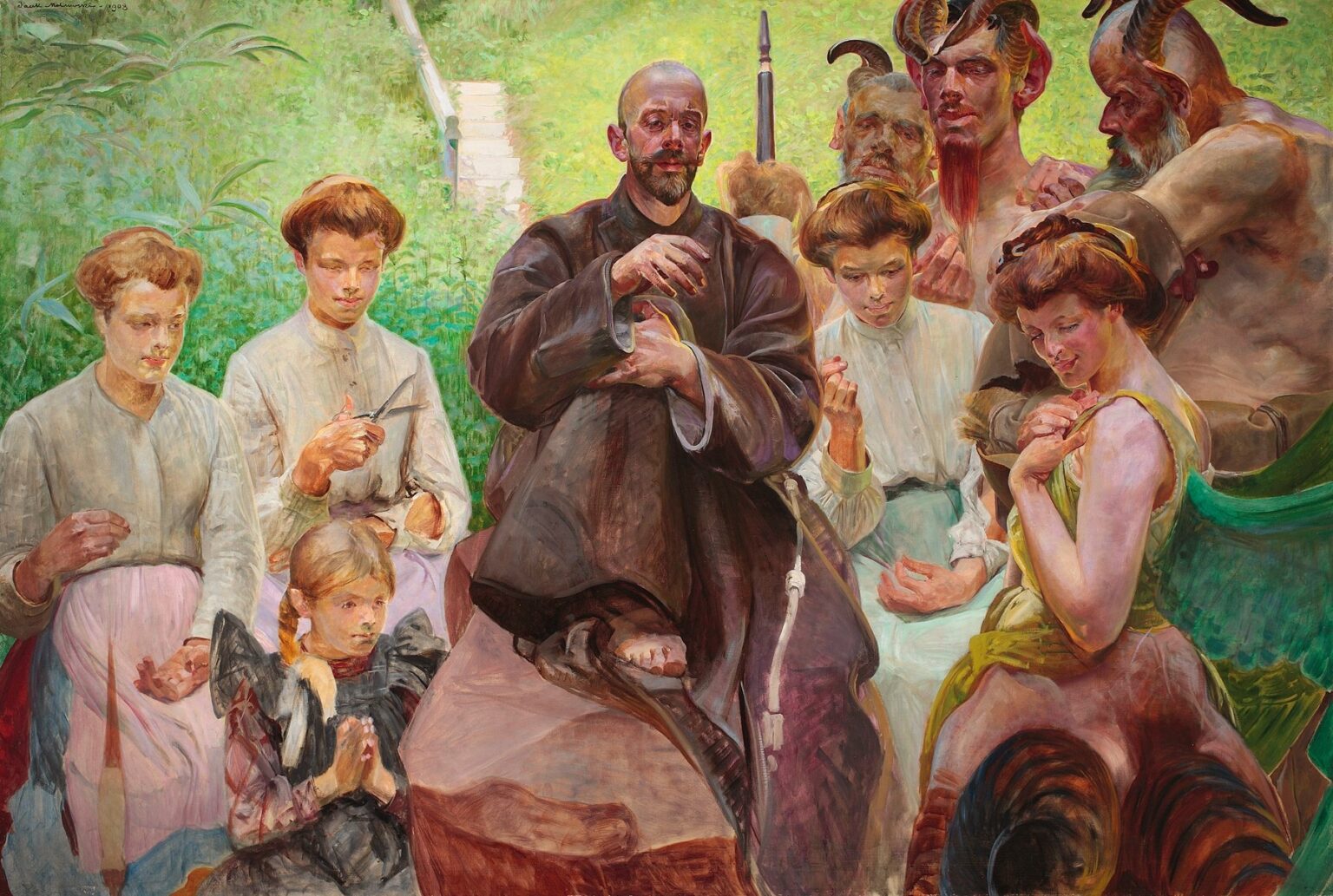 Symbolist painting by Jacek Malczewski showing Saint Francis seated on a rock holding a bird, three women spinning wool at his side, and four horned satyrs looming behind in a golden wheat field under a blue sky.