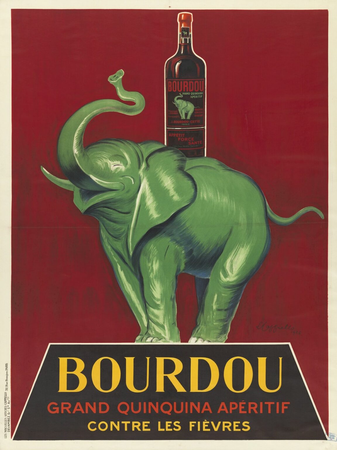 Art Deco poster featuring a bright green elephant raising its trunk beneath a prominently displayed bottle of Bourdou quinquina liqueur against a deep red background, with bold yellow “BOURDOU” lettering and red subtitle “Grand Quinquina Apéritif Contre les Fièvres” set on a black panel.