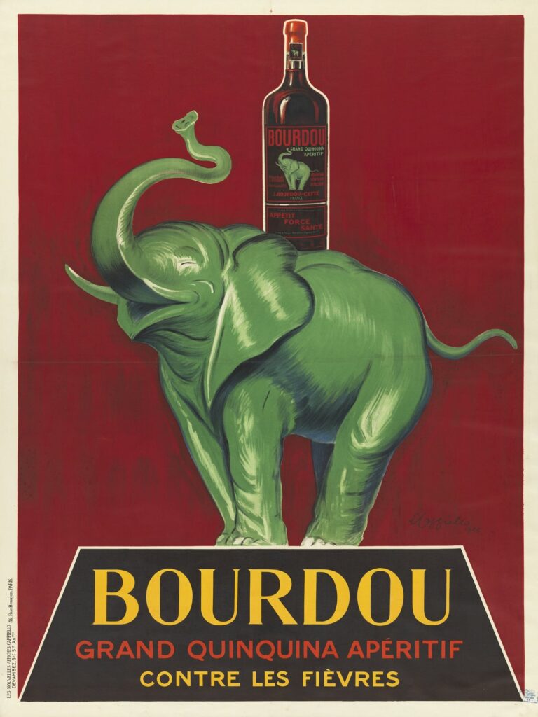 Art Deco poster featuring a bright green elephant raising its trunk beneath a prominently displayed bottle of Bourdou quinquina liqueur against a deep red background, with bold yellow “BOURDOU” lettering and red subtitle “Grand Quinquina Apéritif Contre les Fièvres” set on a black panel.