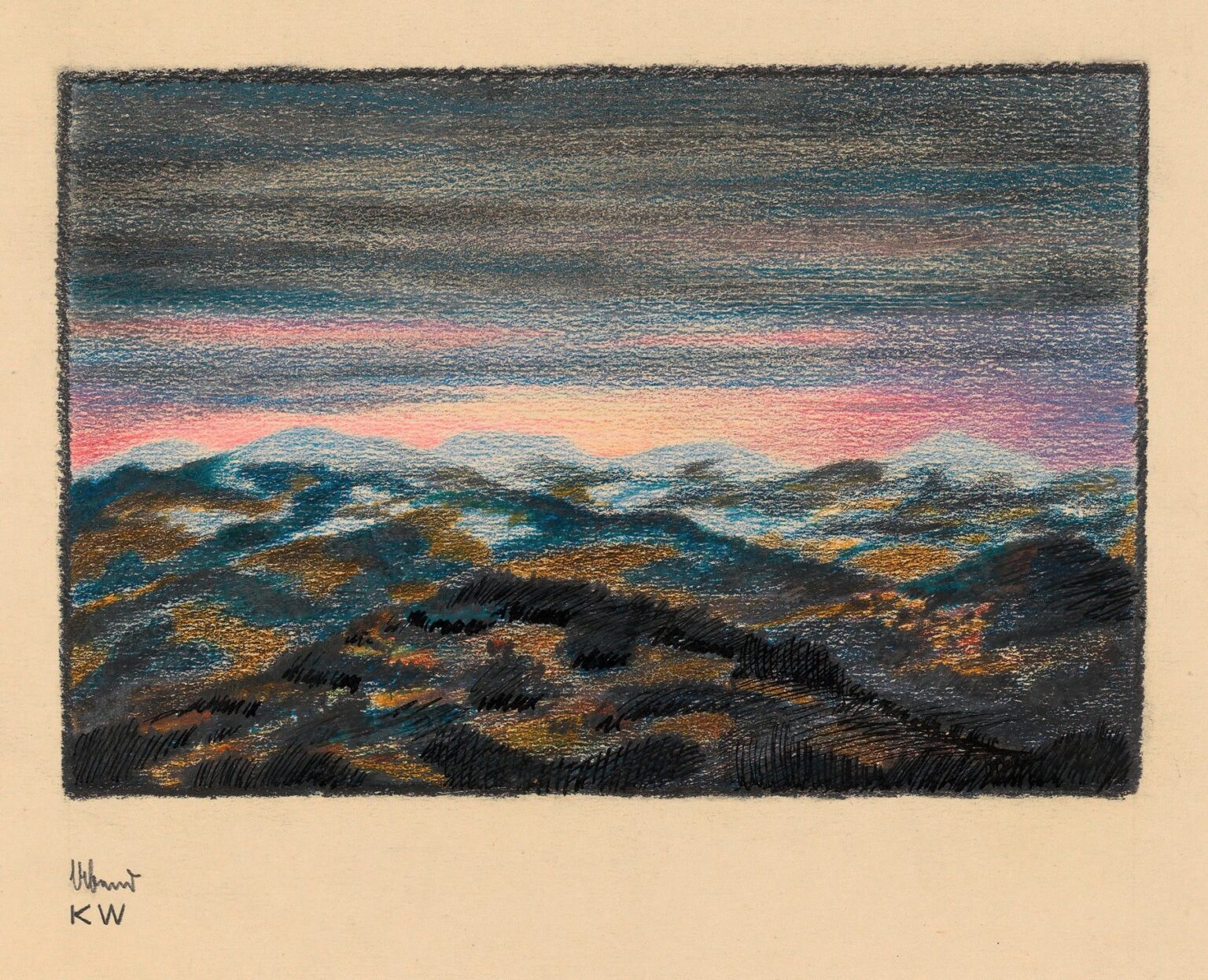Pastel and charcoal landscape of a rolling field under a vibrant dusk sky, featuring deep blues, ochres, and a glowing pink-orange horizon stripe, framed by a charcoal border.