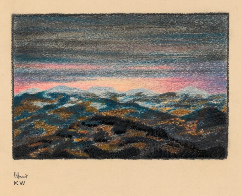 Pastel and charcoal landscape of a rolling field under a vibrant dusk sky, featuring deep blues, ochres, and a glowing pink-orange horizon stripe, framed by a charcoal border.