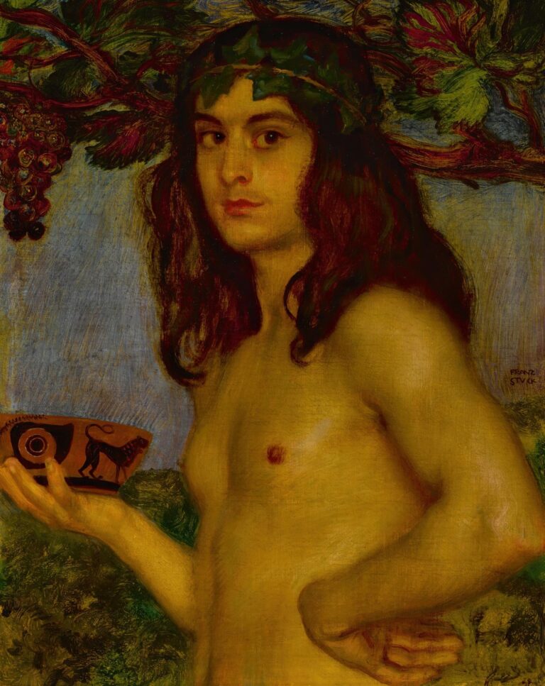 Oil painting of an androgynous nude figure crowned with vine leaves, holding an ancient wine cup, set against a muted green background with hanging grape clusters.