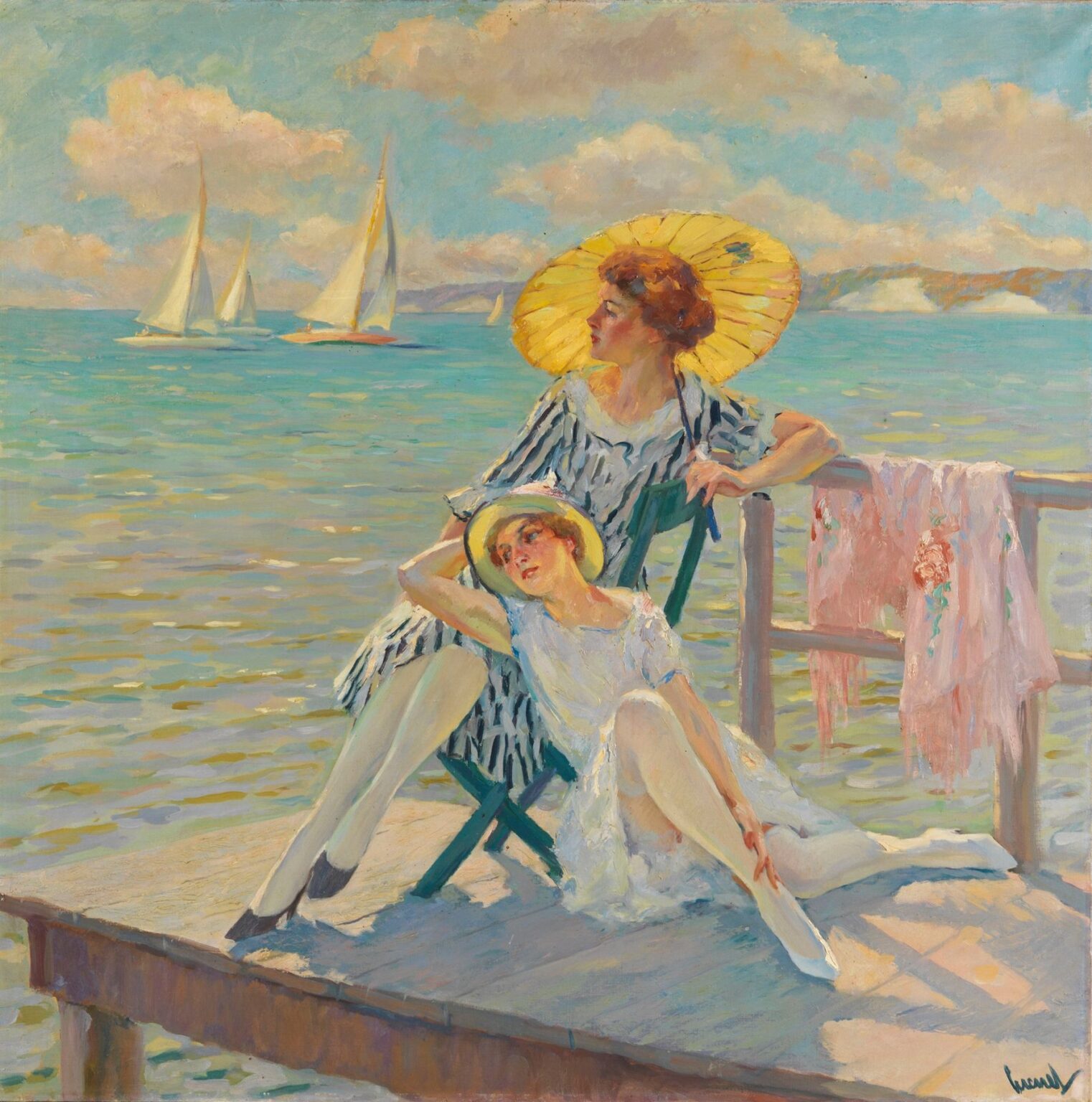 Impressionist oil painting of two women in sun hats and striped dresses lounging on a wooden pier above turquoise water, with sailboats drifting under a cloud‑dappled sky.