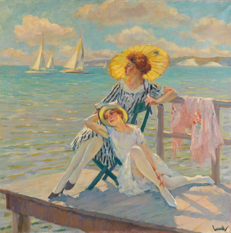 Impressionist oil painting of two women in sun hats and striped dresses lounging on a wooden pier above turquoise water, with sailboats drifting under a cloud‑dappled sky.