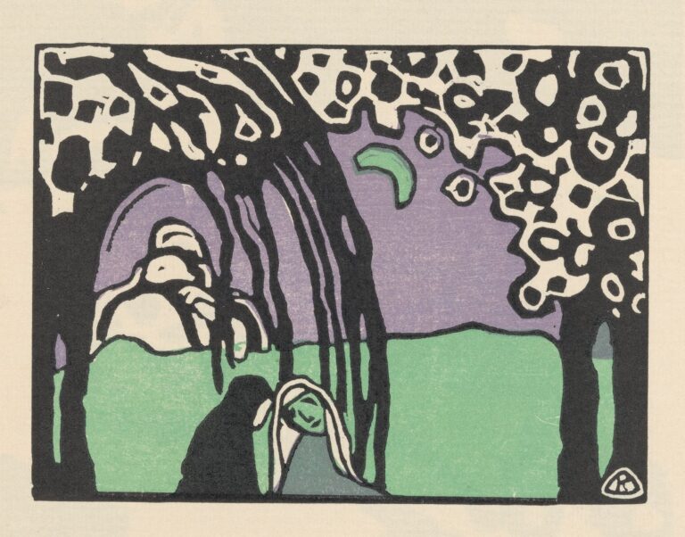 Woodcut print with black abstract arches and vertical lines over a lilac background and mint green field, accompanied by patterned black‑and‑white circles, evoking rhythmic visual “sounds.”