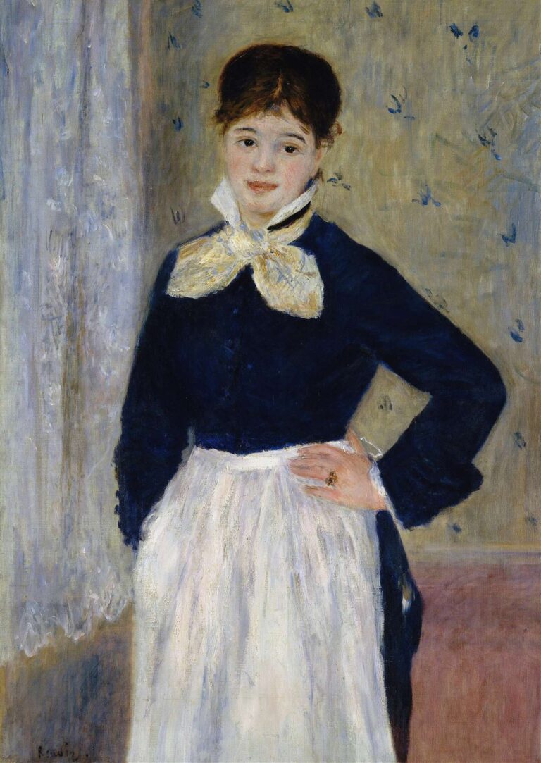 A young woman in a dark blue dress and white apron stands in a softly lit restaurant interior, her hand on her hip and a delicate scarf tied at her neck, painted with loose, luminous brushstrokes by Renoir.