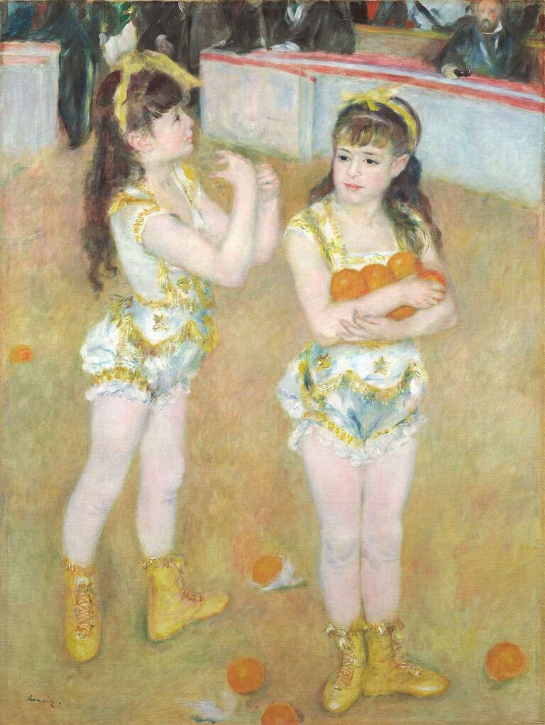 Two young female acrobats in white and gold‑trimmed costumes and yellow boots stand in a circus ring scattered with bright oranges, rendered with soft, impressionistic brushstrokes by Renoir.