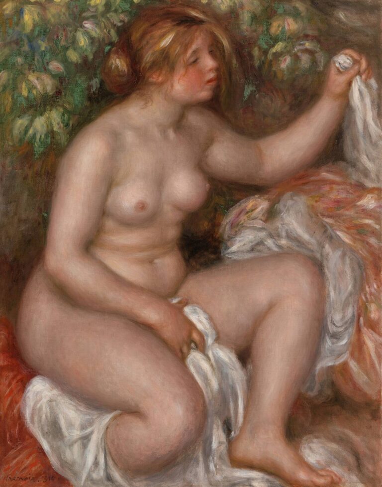 A nude woman seated against a softly painted garden backdrop, her damp hair partially covering her face, as she holds a translucent cloth around her body, rendered with warm flesh tones and flowing brushstrokes by Renoir.