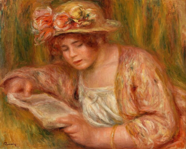 A young woman wearing a straw hat with ribbons is seated against a softly painted, vertical‑stroked background, her head tilted downward as she reads an open book, rendered in warm, impressionistic brushstrokes by Renoir.