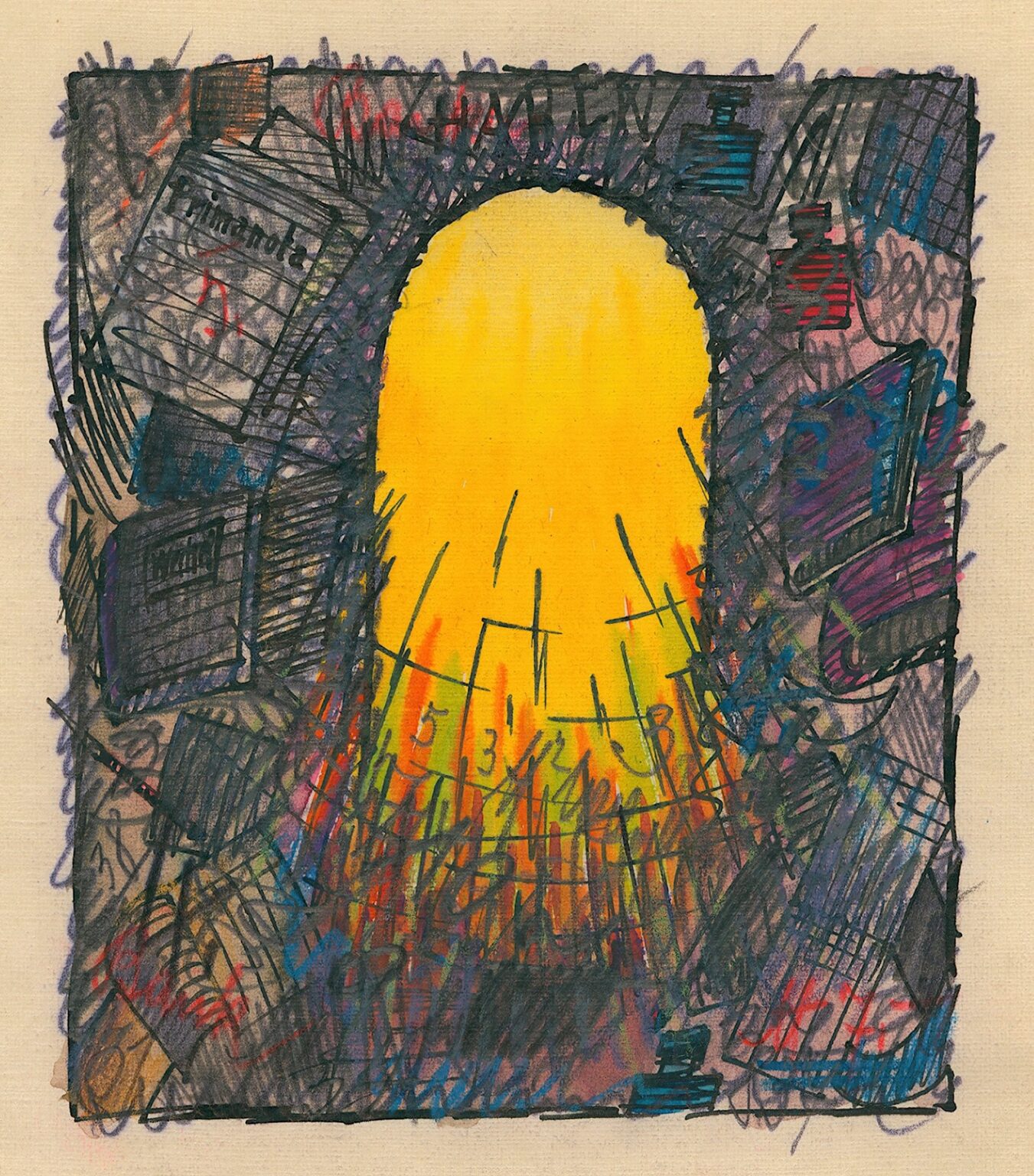 Abstract pastel and charcoal work featuring a glowing yellow oval at center, radiating multicolored strokes, surrounded by scribbled numbers and shapes within a charcoal frame.