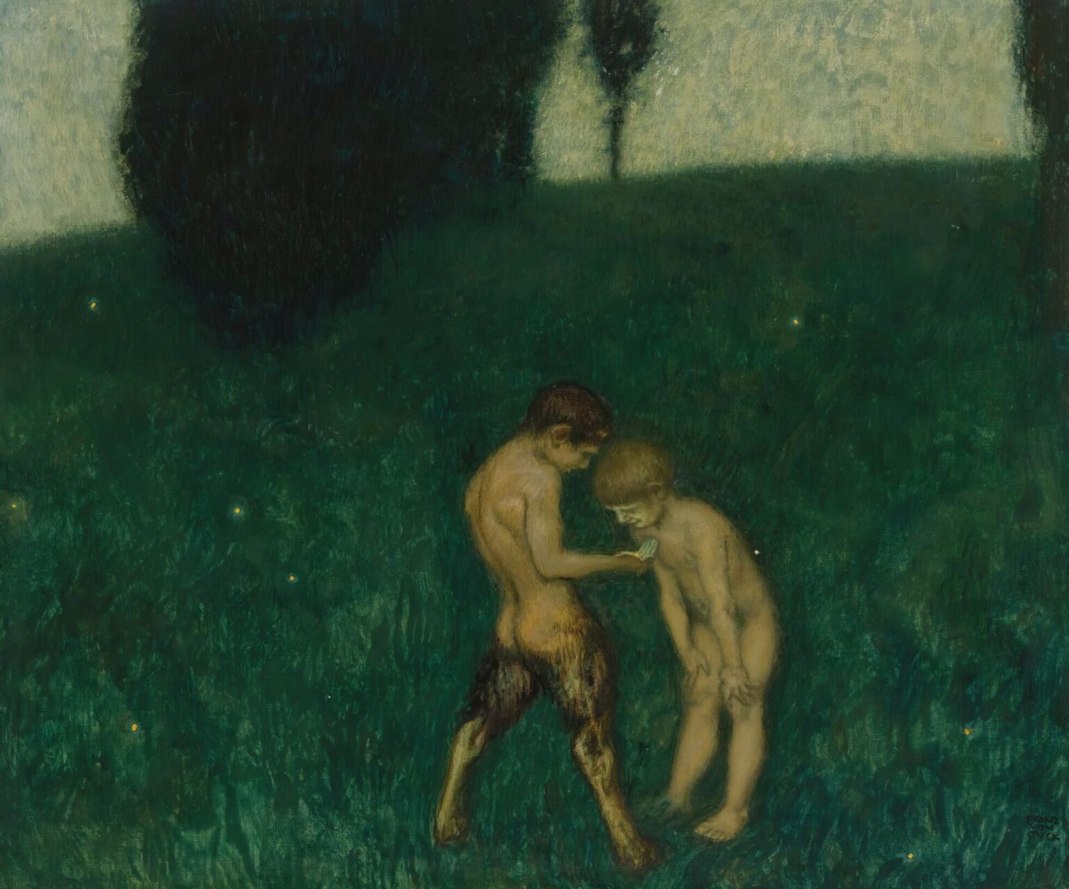 Oil painting of two nude children—a satyr child with goat legs and a human child—standing in a lush green field at twilight, holding a glowing insect, with fireflies scattered around and dark trees in the background.