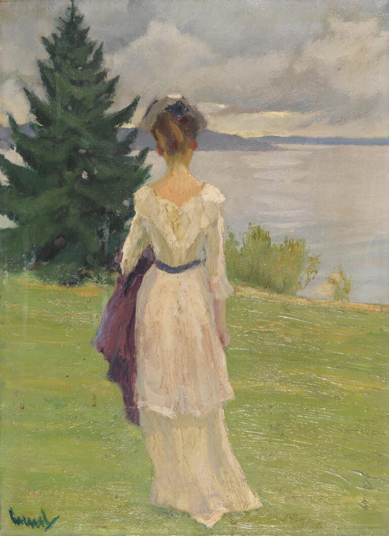 Impressionist oil painting of a woman in a white dress standing on green grass by a lake under an overcast sky, viewed from behind with a tree at left.