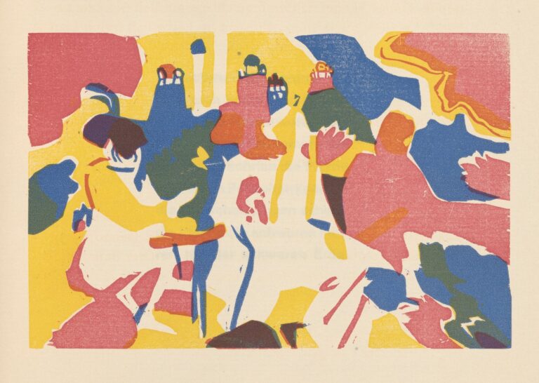 Multicolored woodcut of abstract shapes in crimson, yellow, blue, and green, intersected by black rhythmic marks, arranged to evoke visual music and spiritual resonance.