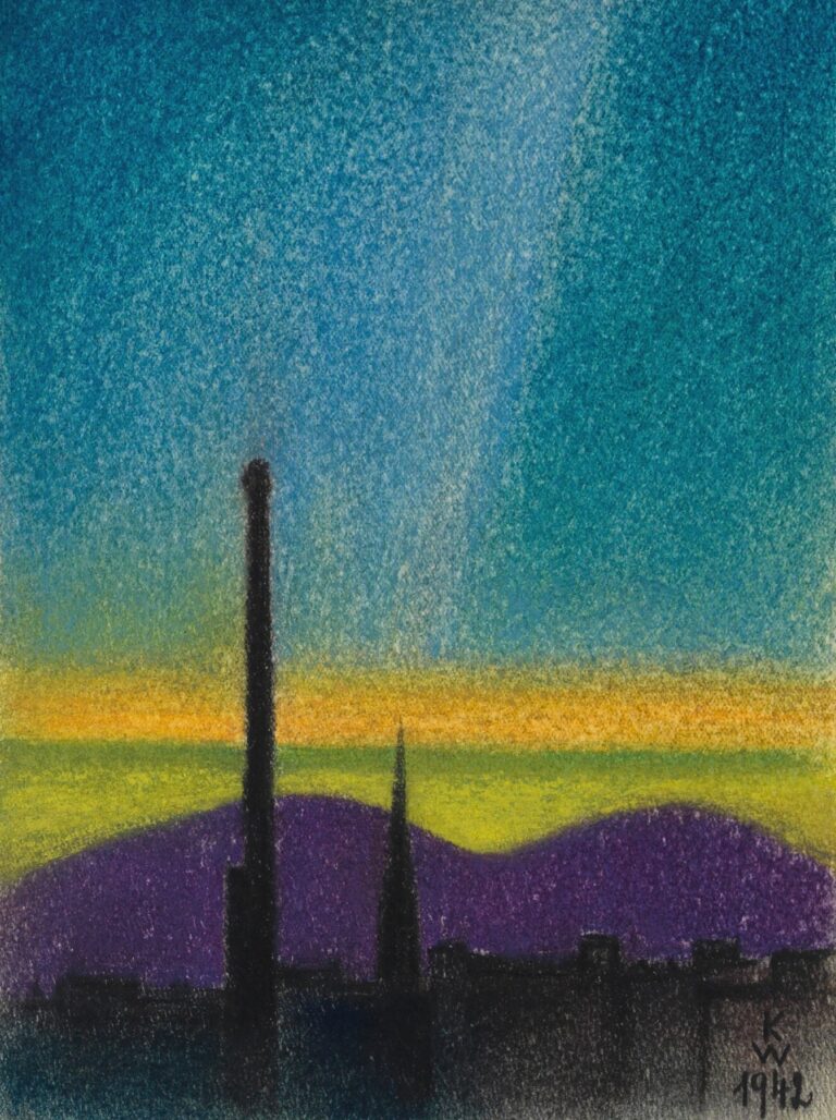 Pastel landscape showing a dark city skyline with two tall silhouettes of a tower and church spire against rolling purple hills, a narrow golden twilight band, and a turquoise‑blue dusk sky.
