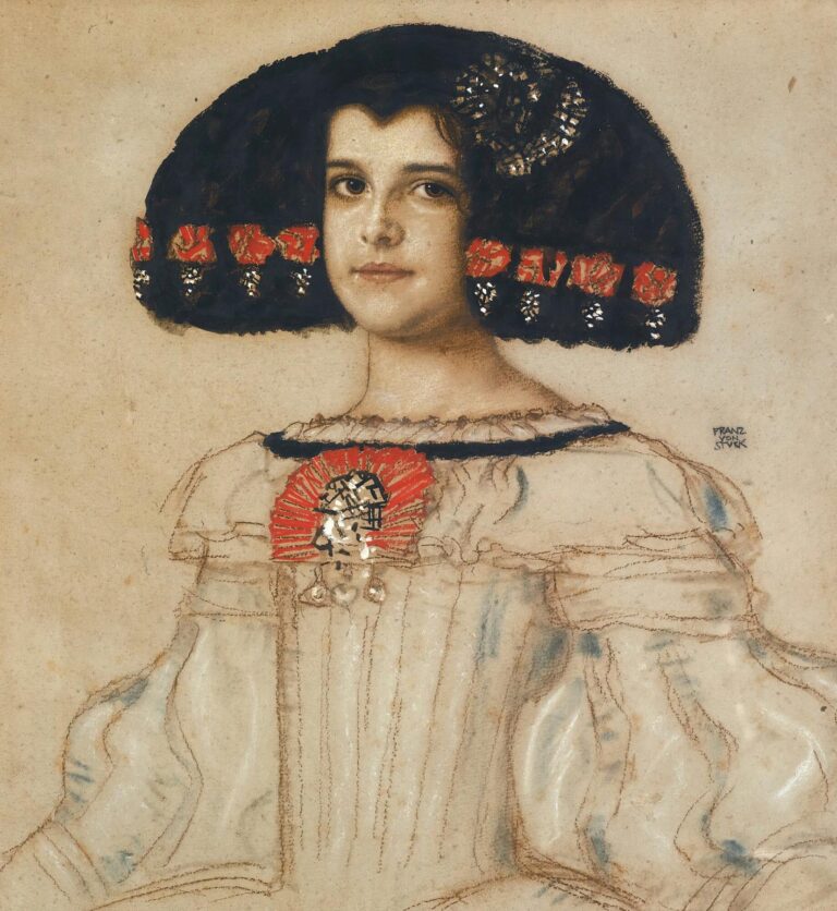 Pastel and charcoal portrait of a young girl in a pale Velázquez‑style court dress with wide skirt and lace ruff, wearing a dark voluminous coiffure adorned with small red decorations, set against a blank tan ground.