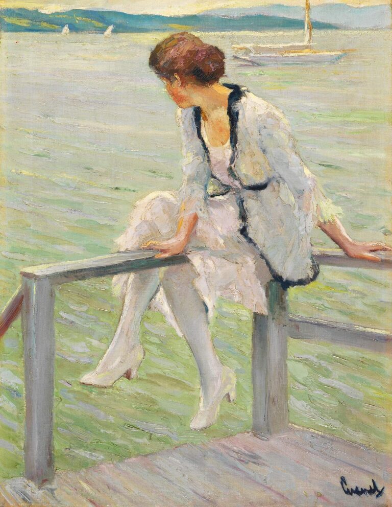 Impressionist oil painting of a young woman in pale summer dress sitting on a wooden railing at the edge of a green‑blue lake, viewed from behind beneath a cloudy sky.