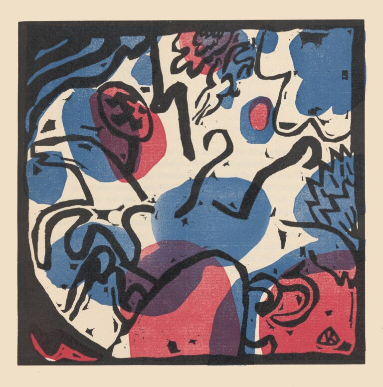 Colorful abstract woodcut featuring interlocking fields of red, blue, and yellow with bold black lines and white negative spaces, evoking rhythmic visual “sounds.”