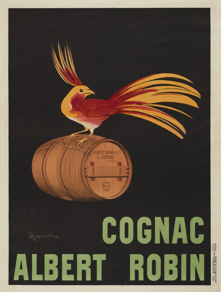 Art Nouveau poster showing a flamboyant red-and-yellow cockatoo-like bird standing atop a cognac barrel against a solid black background, with “COGNAC ALBERT ROBIN” in large pale green letters at the bottom.
