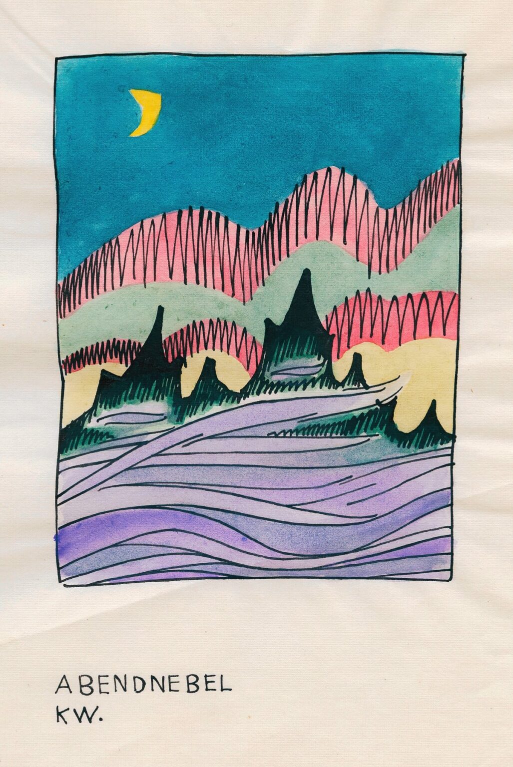 Stylized landscape with turquoise sky, crescent moon, wavy pink and mint-green hills marked by black hatch lines, and lavender rippling foreground, all contained within a bold ink frame.