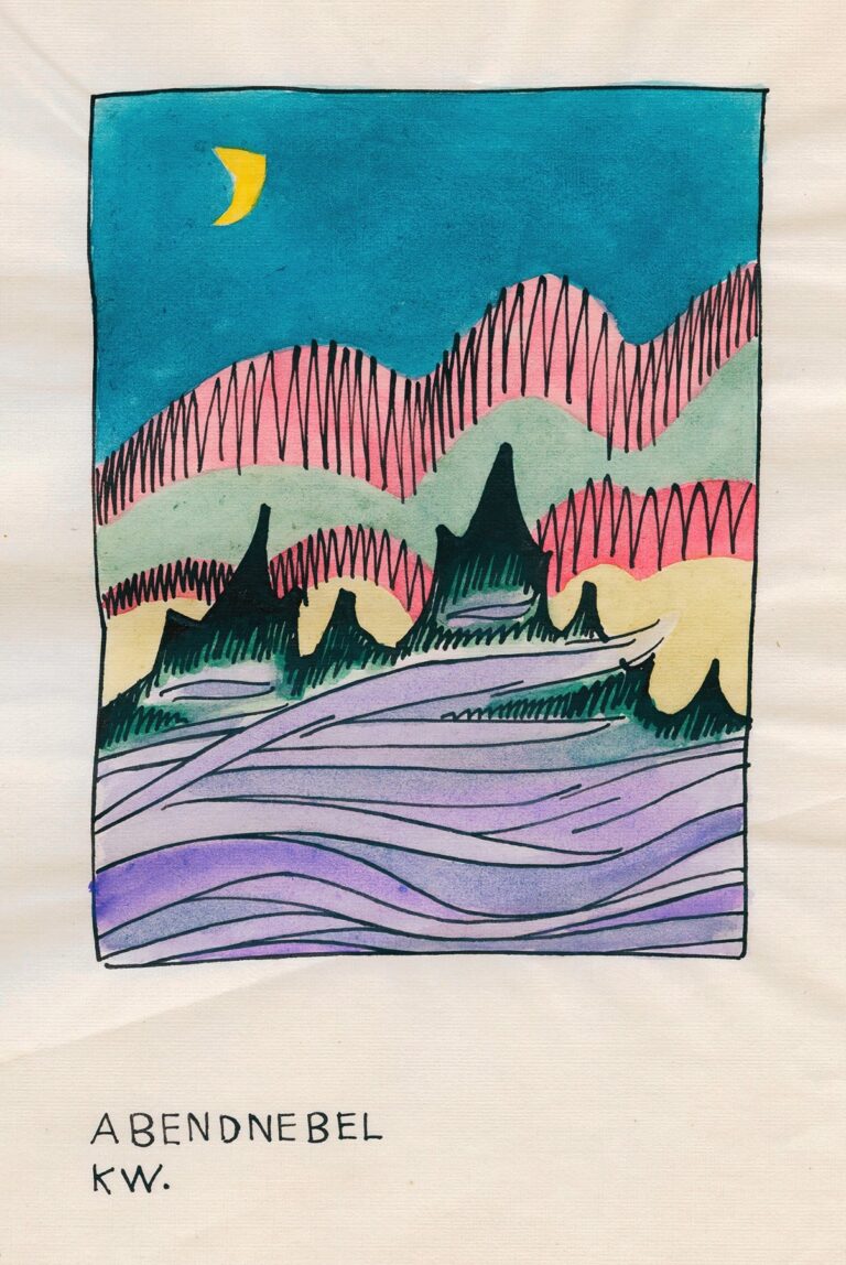 Stylized landscape with turquoise sky, crescent moon, wavy pink and mint-green hills marked by black hatch lines, and lavender rippling foreground, all contained within a bold ink frame.