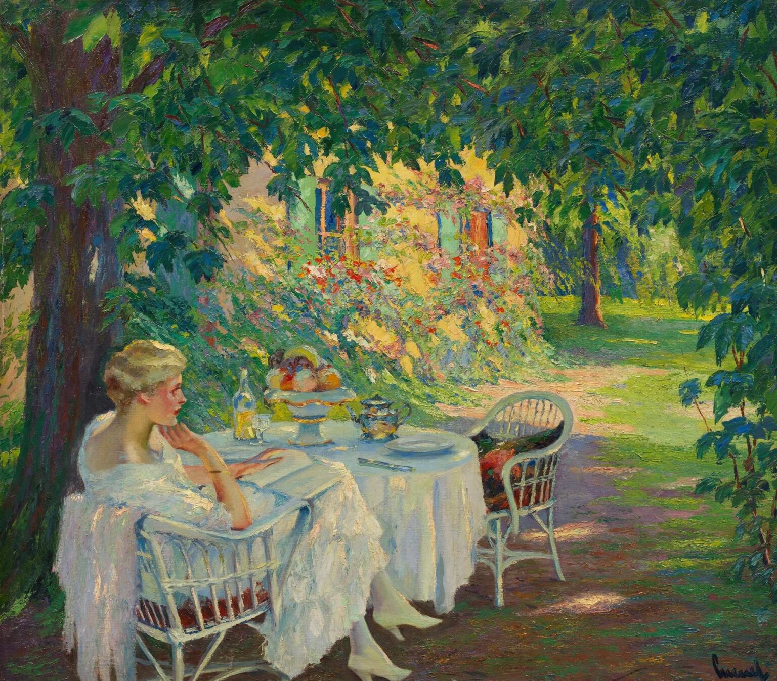 Impressionist oil painting of two women in white dresses seated at a round table with tea service beneath a leafy green canopy, sunlit villa walls and blooming flowerbeds in the background.