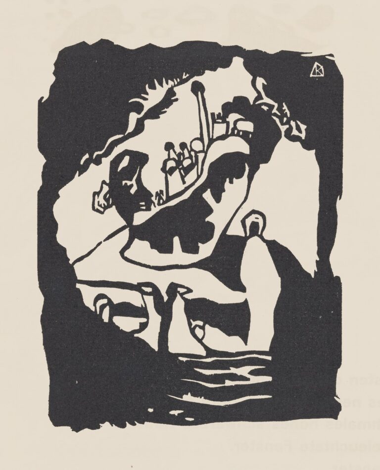 Black‑and‑white woodcut print featuring a ragged black border, a central swirling white pathway, clusters of dots and lines, and contrasting masses that evoke rhythmic visual “sounds.”