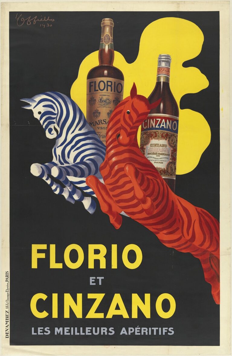 Art Deco poster depicting two leaping striped horses—one blue and white, one red and orange—in front of a splash of yellow against a deep black field, flanked by a bottle of Florio Marsala and a bottle of Cinzano vermouth, with bold yellow and gray text reading “FLORIO ET CINZANO Les Meilleurs Apéritifs.”