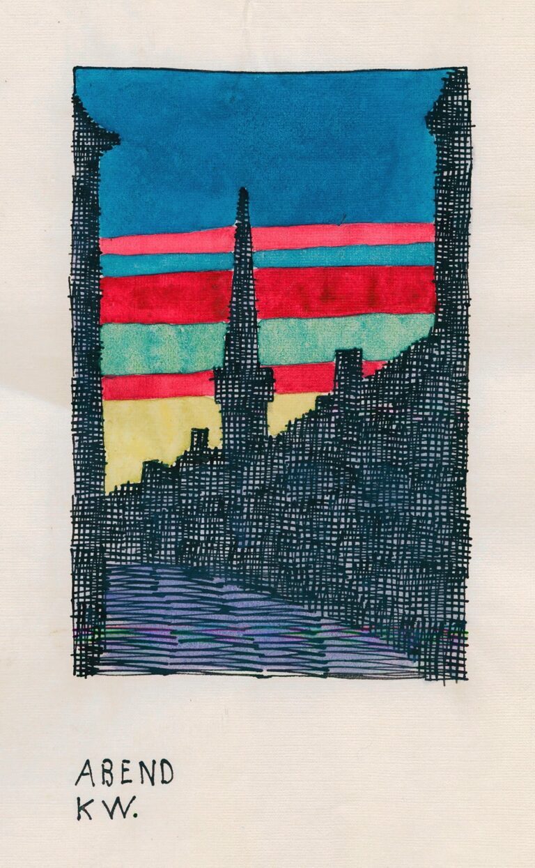 Stylized gouache landscape with a crescent moon in a deep turquoise sky, wavy pink and mint-green hills hatched in black, and lavender rippling foreground, all framed by bold ink lines.