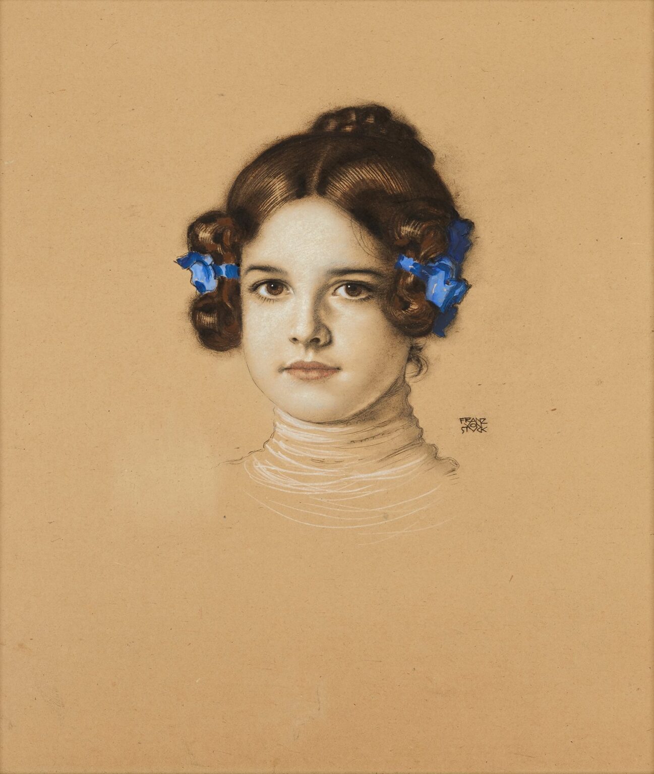 Pastel and charcoal portrait of a young girl with brown curls tied by bright blue ribbons, gazing directly at the viewer against a blank ochre background.
