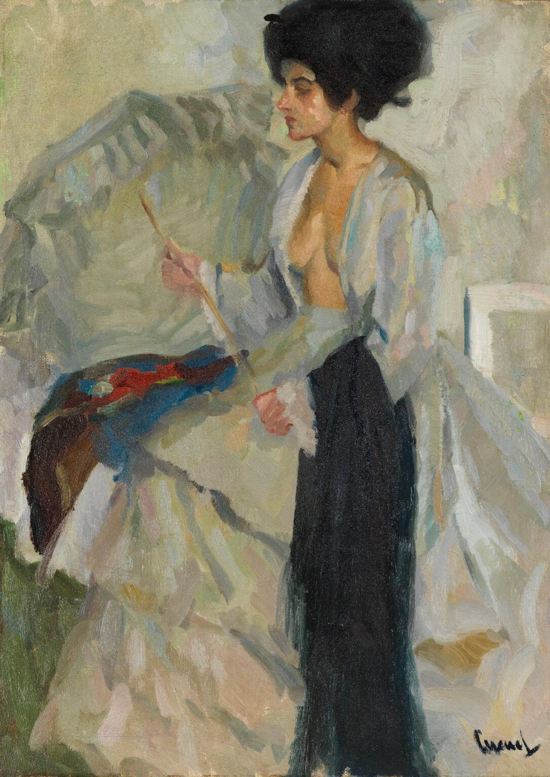 Impressionist oil painting of a woman in a white lace‑trimmed dress holding a palette and brush, seated before a neutral studio backdrop, with expressive light and loose brushwork.