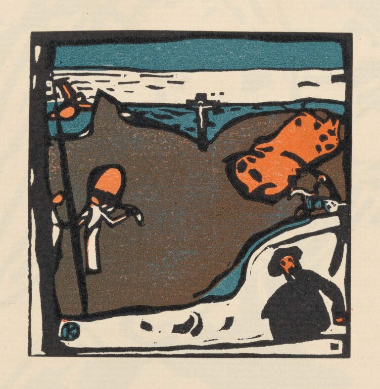 Abstract woodcut with a large brown curved field, an aquamarine band across the top, a spotted orange shape on the right, and black outlines and accents creating dynamic, rhythmic forms.