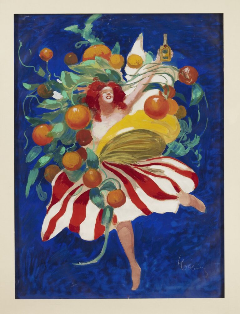 Art Nouveau–style poster by Leonetto Cappiello showing a red-haired dancing woman draped in flowing yellow and red-white striped garments entwined with swirling green leaves and oranges, lifting a small amber bottle aloft against a deep blue background.