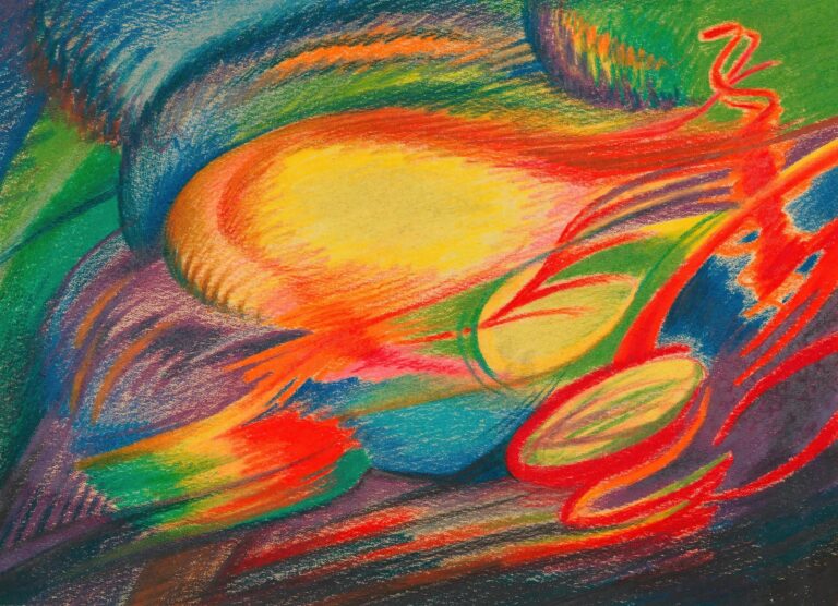 Abstract pastel on paper with a glowing yellow oval at center, surrounded by sweeping strokes of red, orange, green, blue, and violet that spiral in rhythmic arcs, evoking the energy of a fast musical movement.