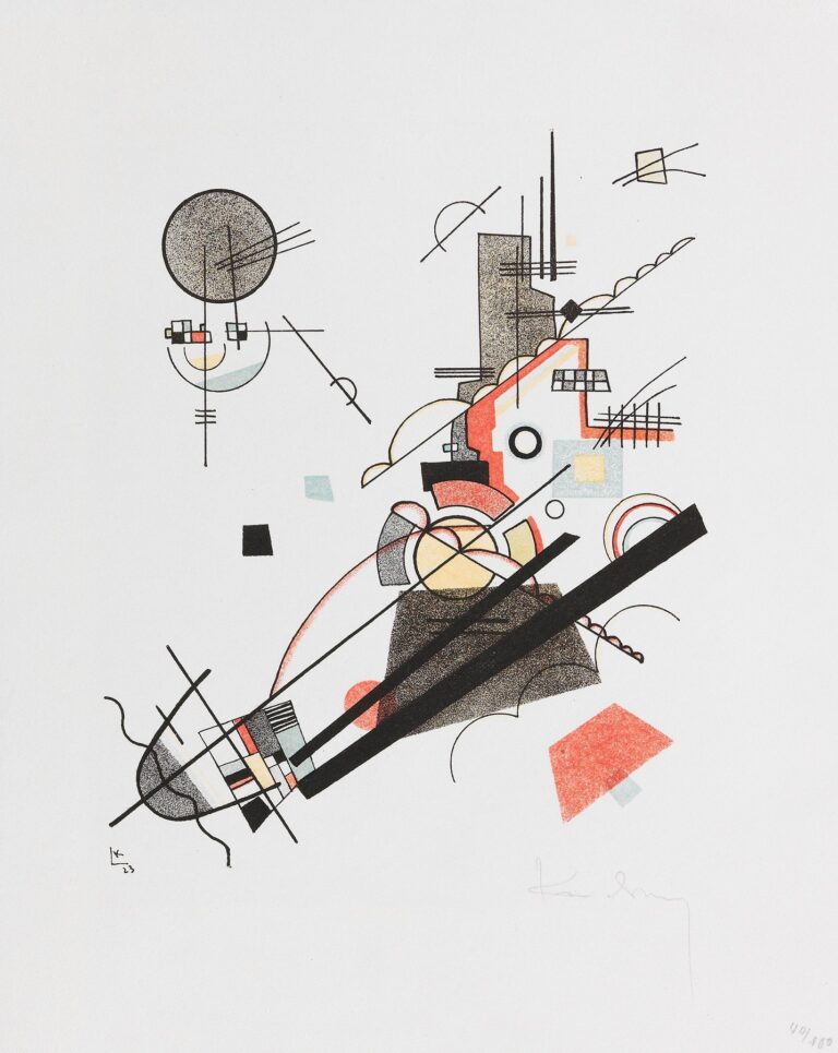 Abstract composition featuring intersecting black diagonals, delicate arcs, and geometric shapes in red, yellow, blue, and gray on white paper, conveying dynamic uplift and rhythmic movement.