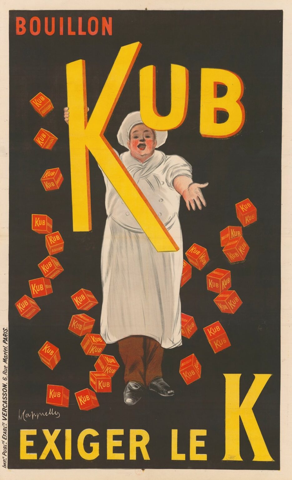 Art Nouveau poster showing a jubilant chef in white holding a giant yellow “K” with red outline, surrounded by tumbling red and yellow bouillon cubes, set against a deep black background with bold text “BOUILLON KUB” and “EXIGEZ LE K”.