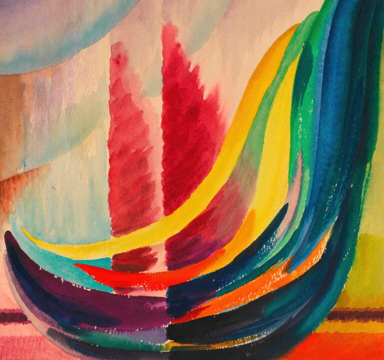 Abstract watercolor and gouache with sweeping arcs of purple, turquoise, orange‑red, and golden‑yellow against a soft pastel wash background, punctuated by three vertical crimson shapes suggesting sustained musical notes.