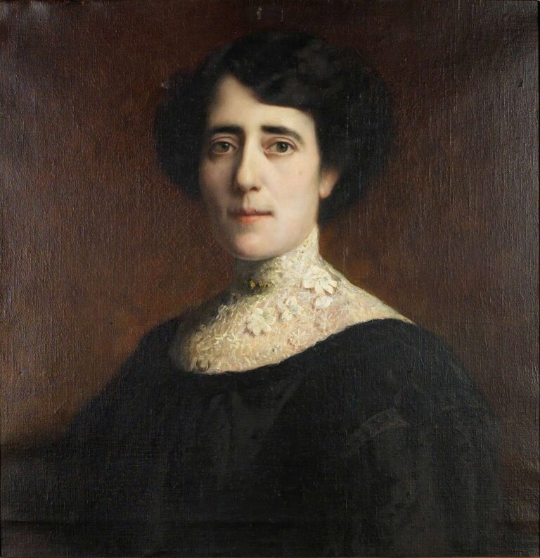 Oil portrait of a middle‑aged woman in a black gown with an ornate white lace collar, shown three‑quarters left against a warm brown background, her dark hair softly waved and her expression calm yet resolute.