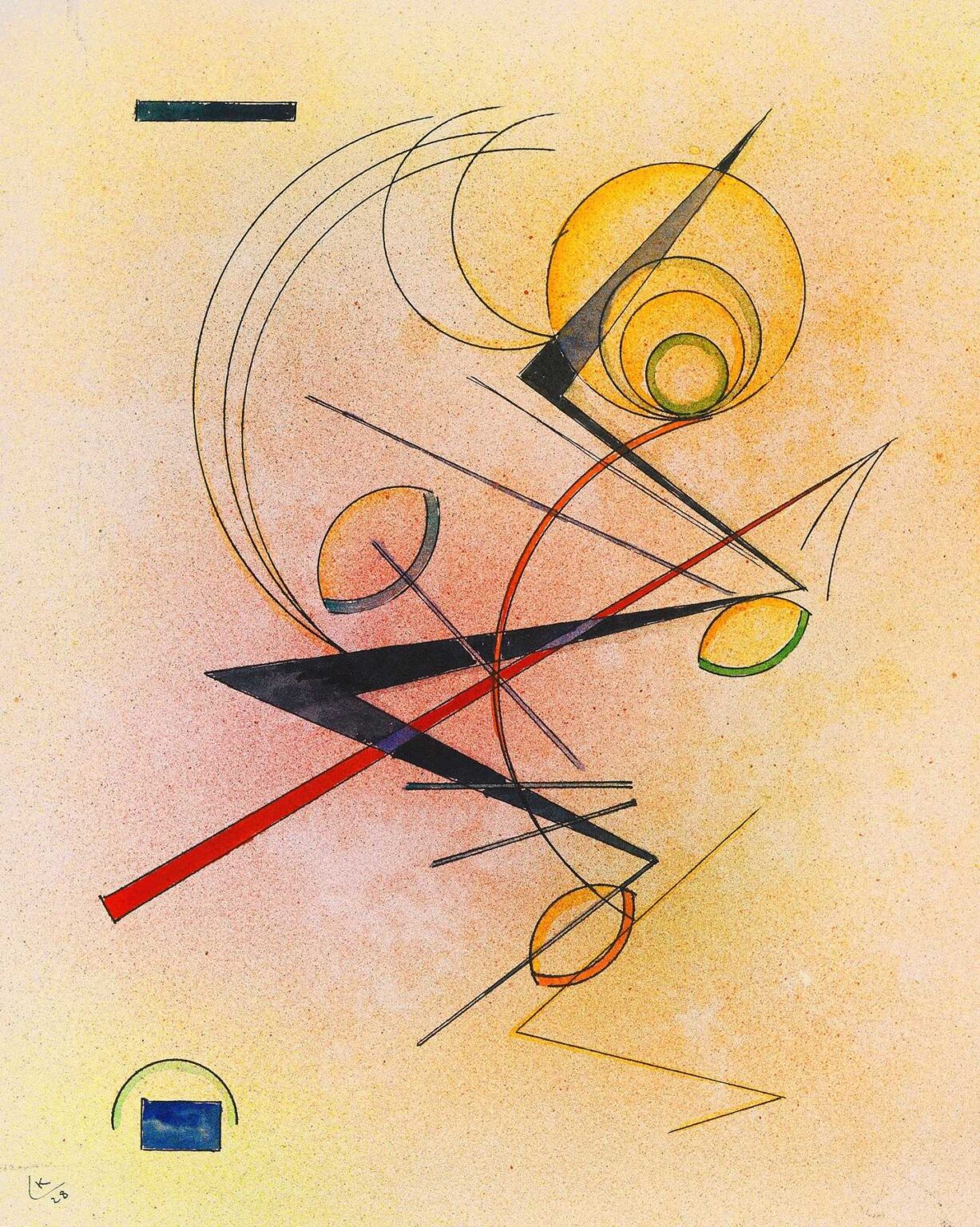 Lithograph with a soft ochre background, intersecting black and red diagonal lines, slender arcs, and small ovoid shapes in green and yellow, evoking a gently glowing abstract composition.