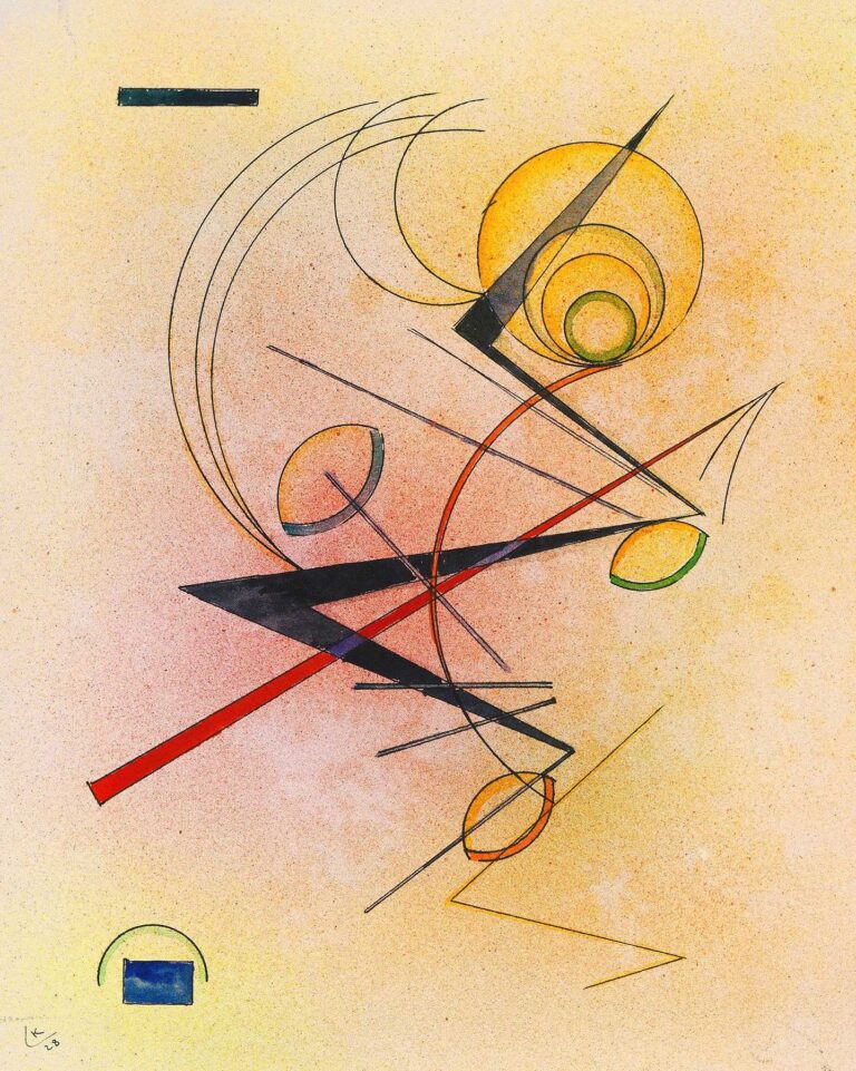 Lithograph with a soft ochre background, intersecting black and red diagonal lines, slender arcs, and small ovoid shapes in green and yellow, evoking a gently glowing abstract composition.